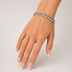18K white gold diamond interlocking circle link bracelet on wrist