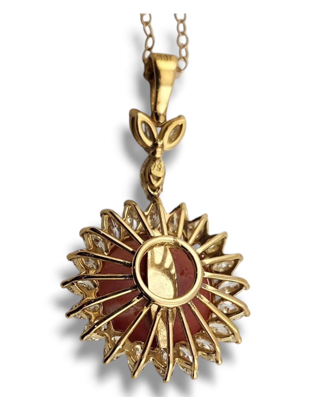Women’s 18K Gold Necklace with Large Coral and Marquise Cut Diamonds