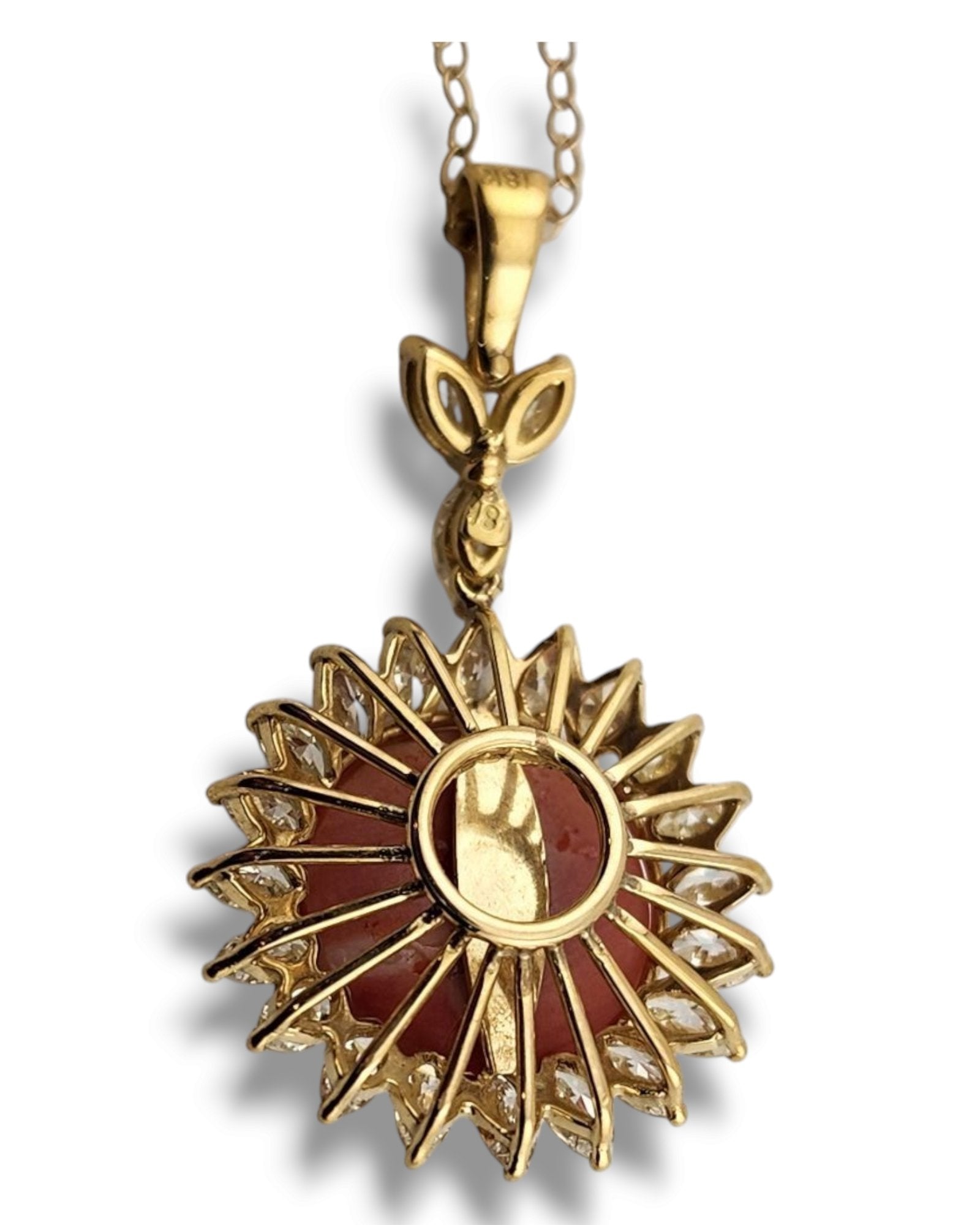 Women’s 18K Gold Necklace with Large Coral and Marquise Cut Diamonds