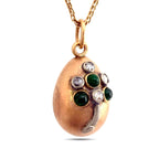 Imperial Russian Faberge 56 Rose Gold 0.16ct Diamond and Emerald Egg Pendant