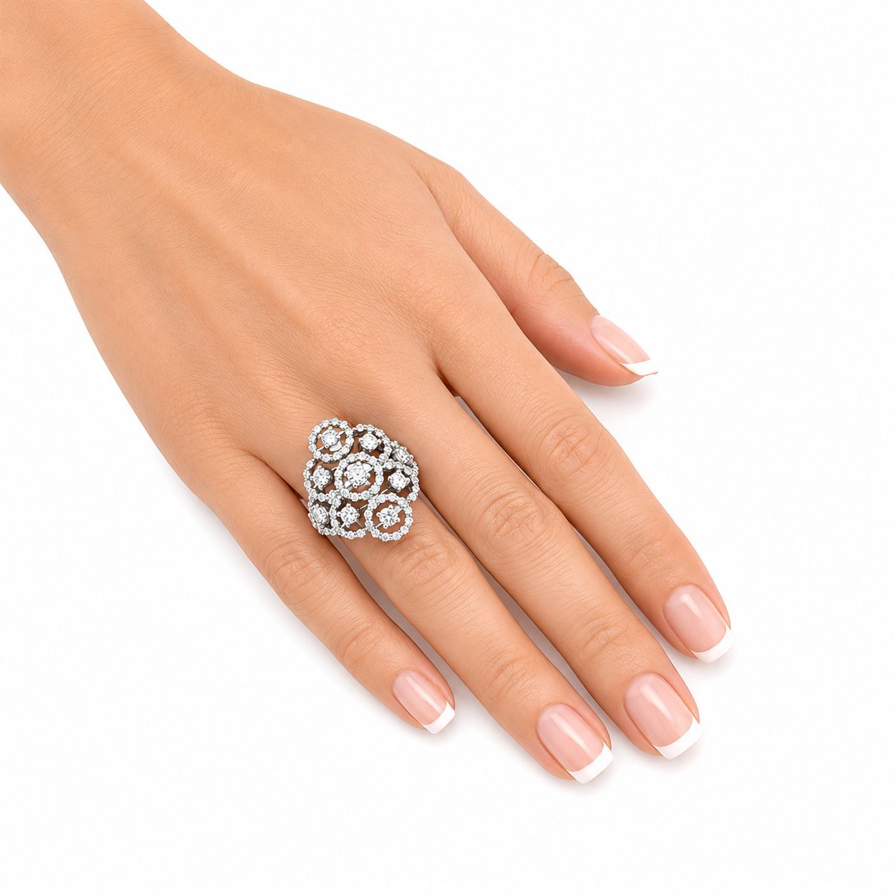 14K Damiani white gold round diamond cluster ring on finger