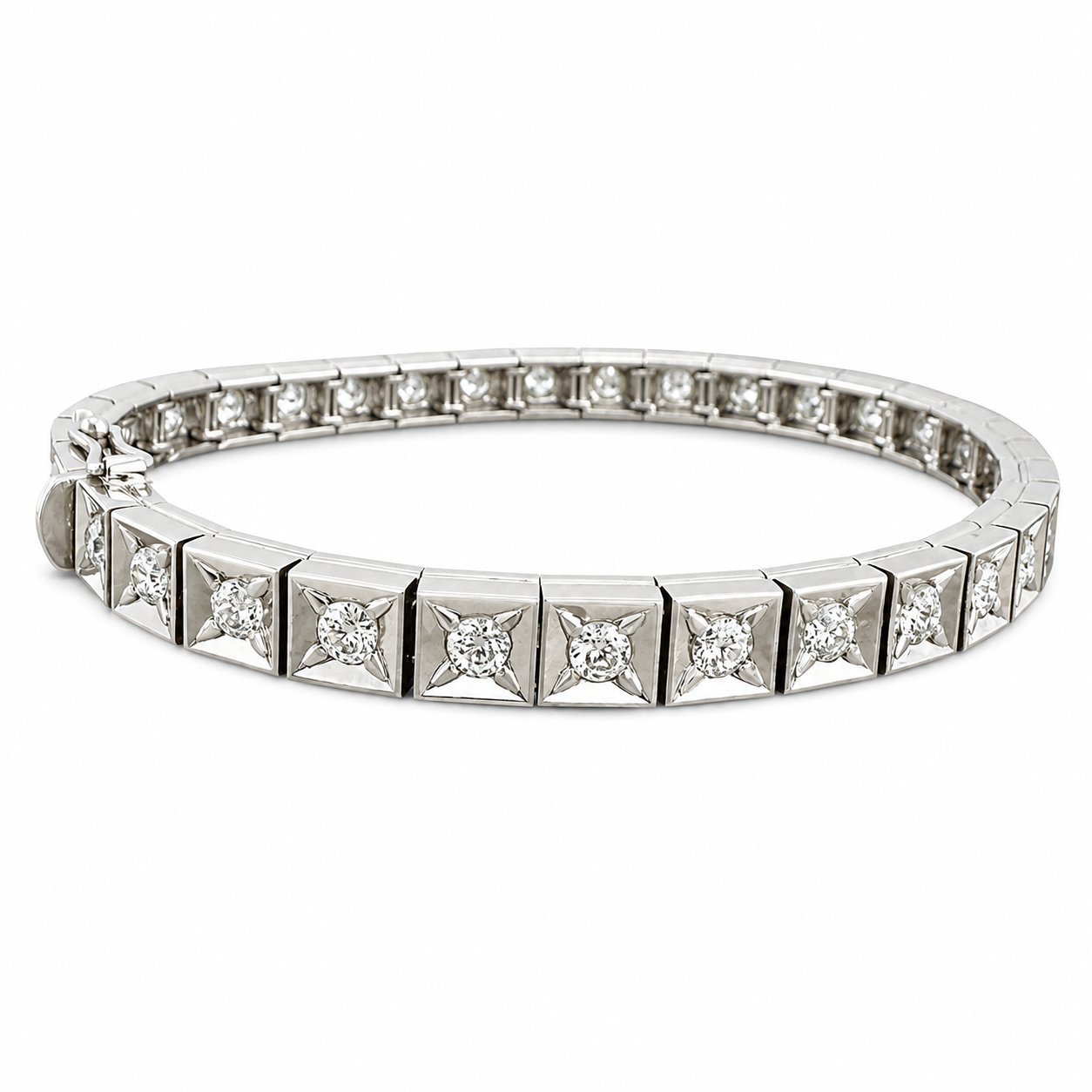 18K white gold tennis bracelet with rectangular panels of round diamonds