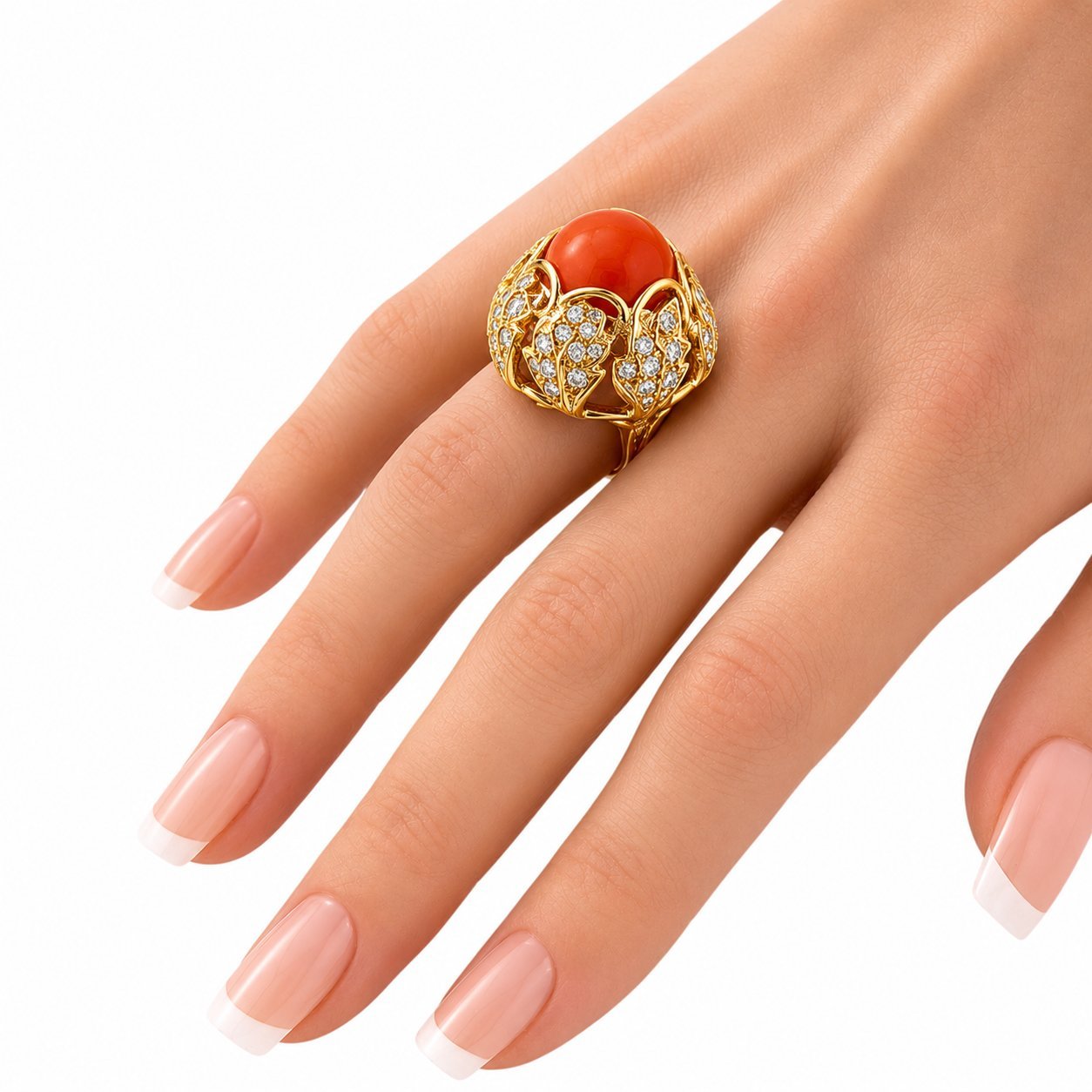 14K Yellow Gold Large Coral and 1.5ct Diamond Ring