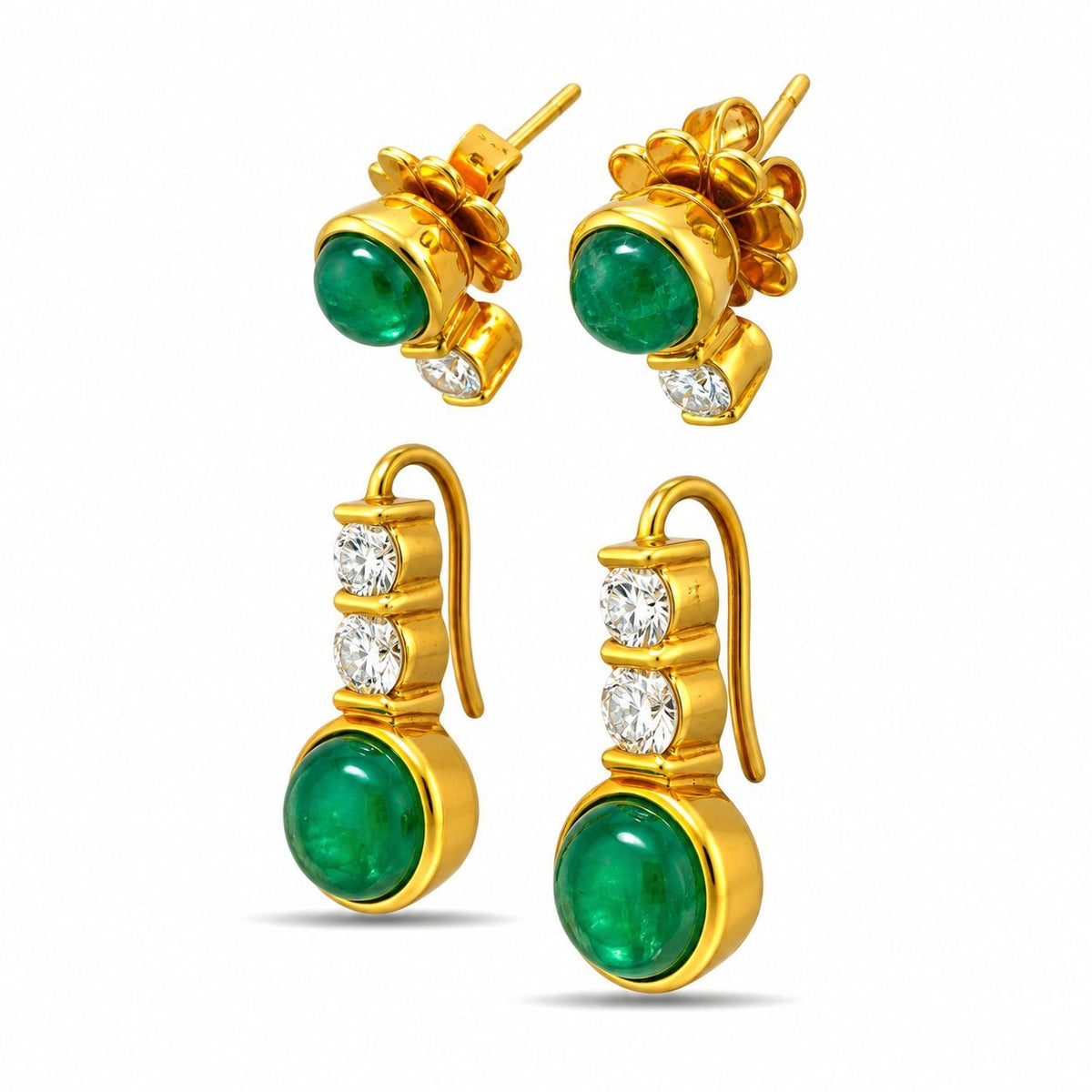 Convertible emerald and diamond earrings showing stud backs and hooked drop fittings