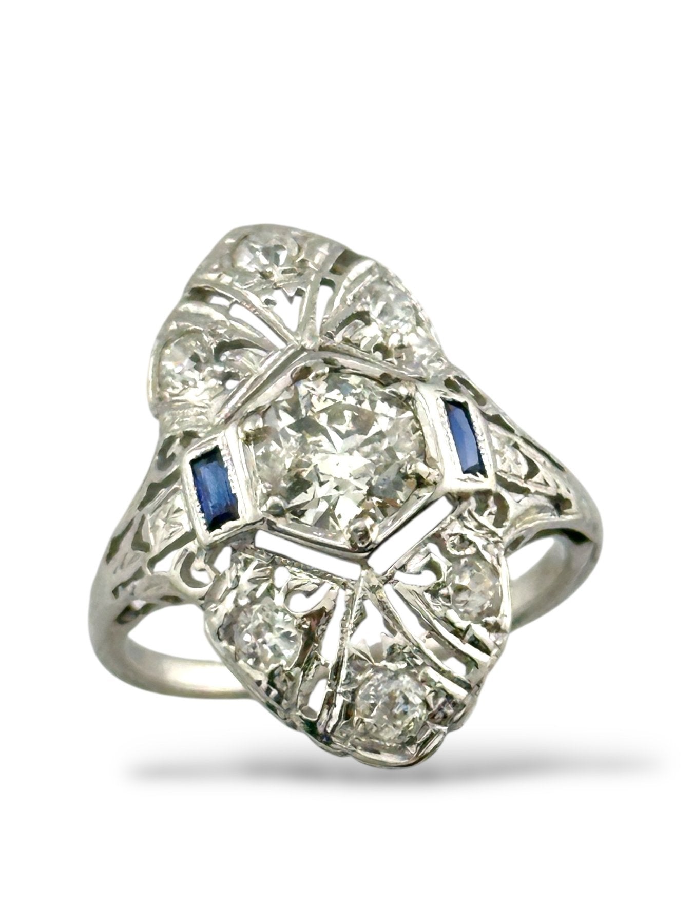 Art Deco 18K White Gold Ring with 0.90 Carat Diamond and Sapphires