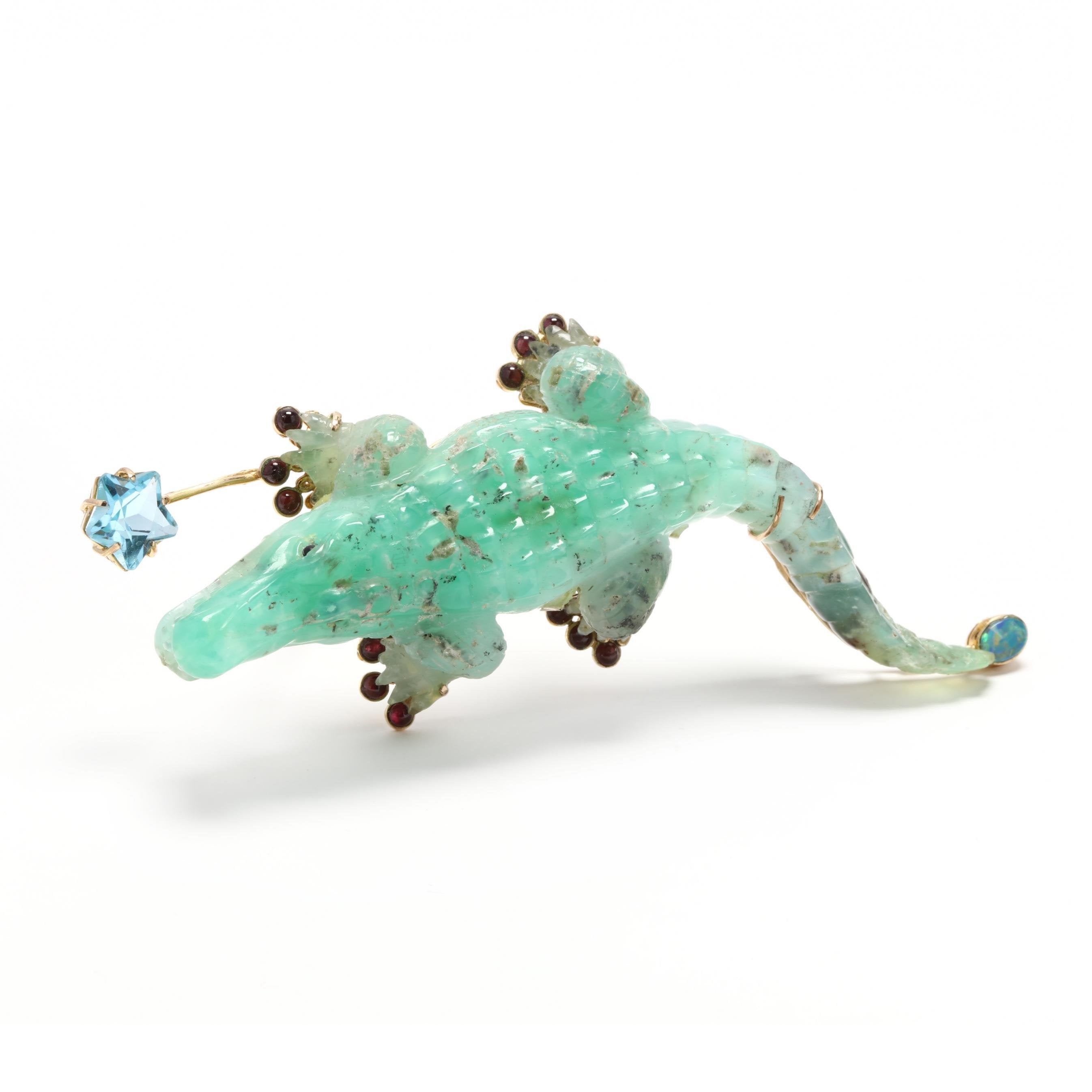 14 kt. Yellow gold, 14K Gold & Jade Crocodile Brooch with Opal Rubies and Blue Topaz
