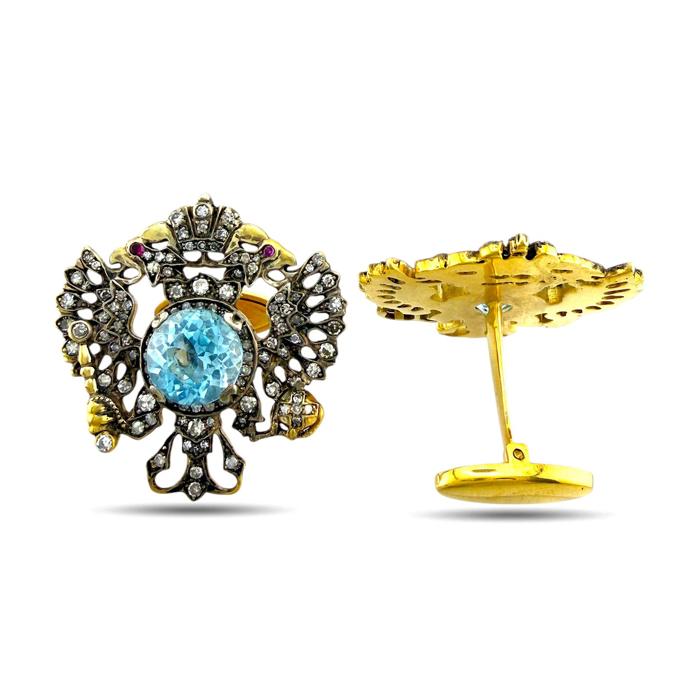 Imperial Russian Faberge 56K Yellow Gold Topaz and Diamond Coat of Arms Cufflinks