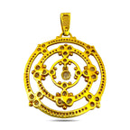 18K yellow gold circular brooch with diamond bezel and openwork lattice back
