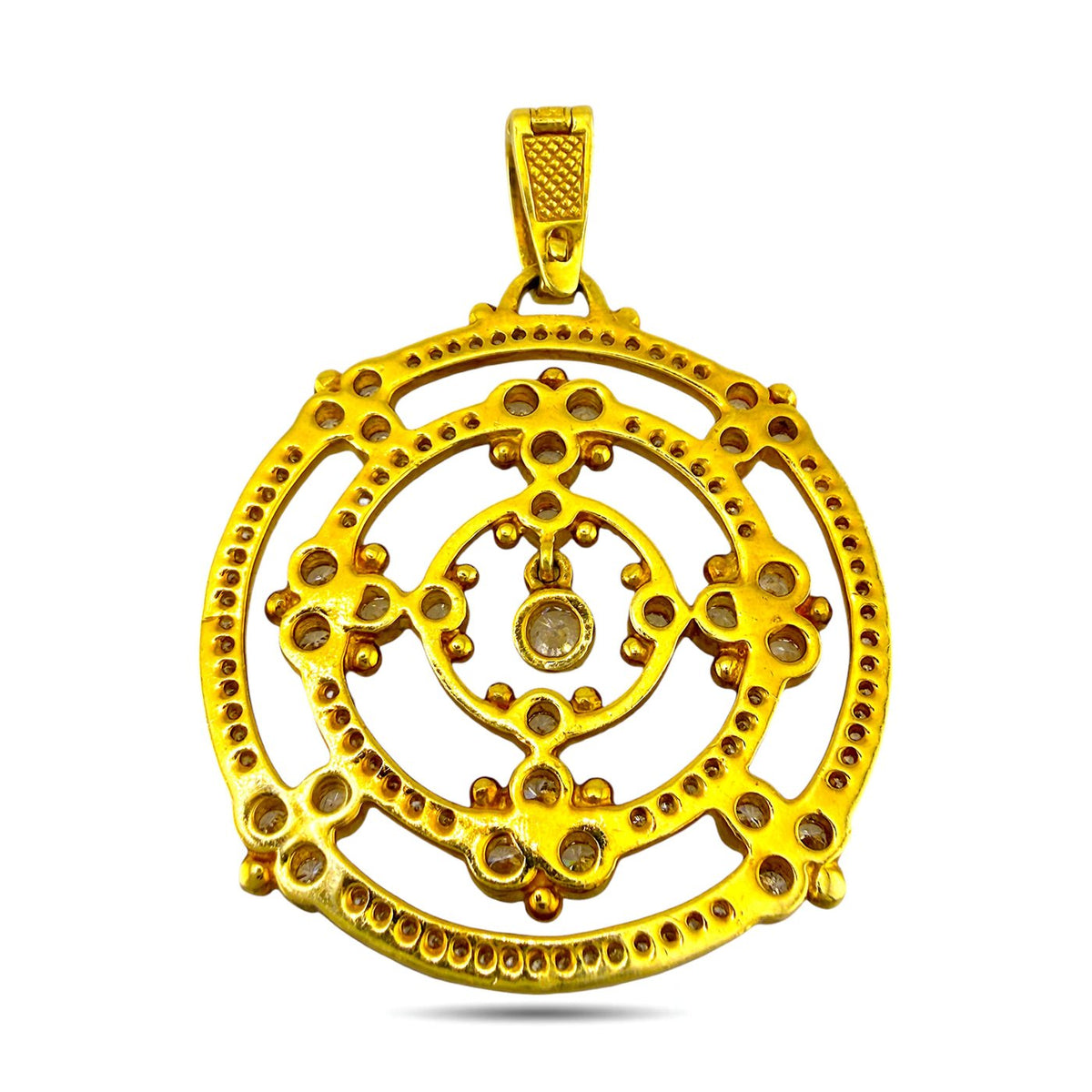 18K yellow gold circular brooch with diamond bezel and openwork lattice back