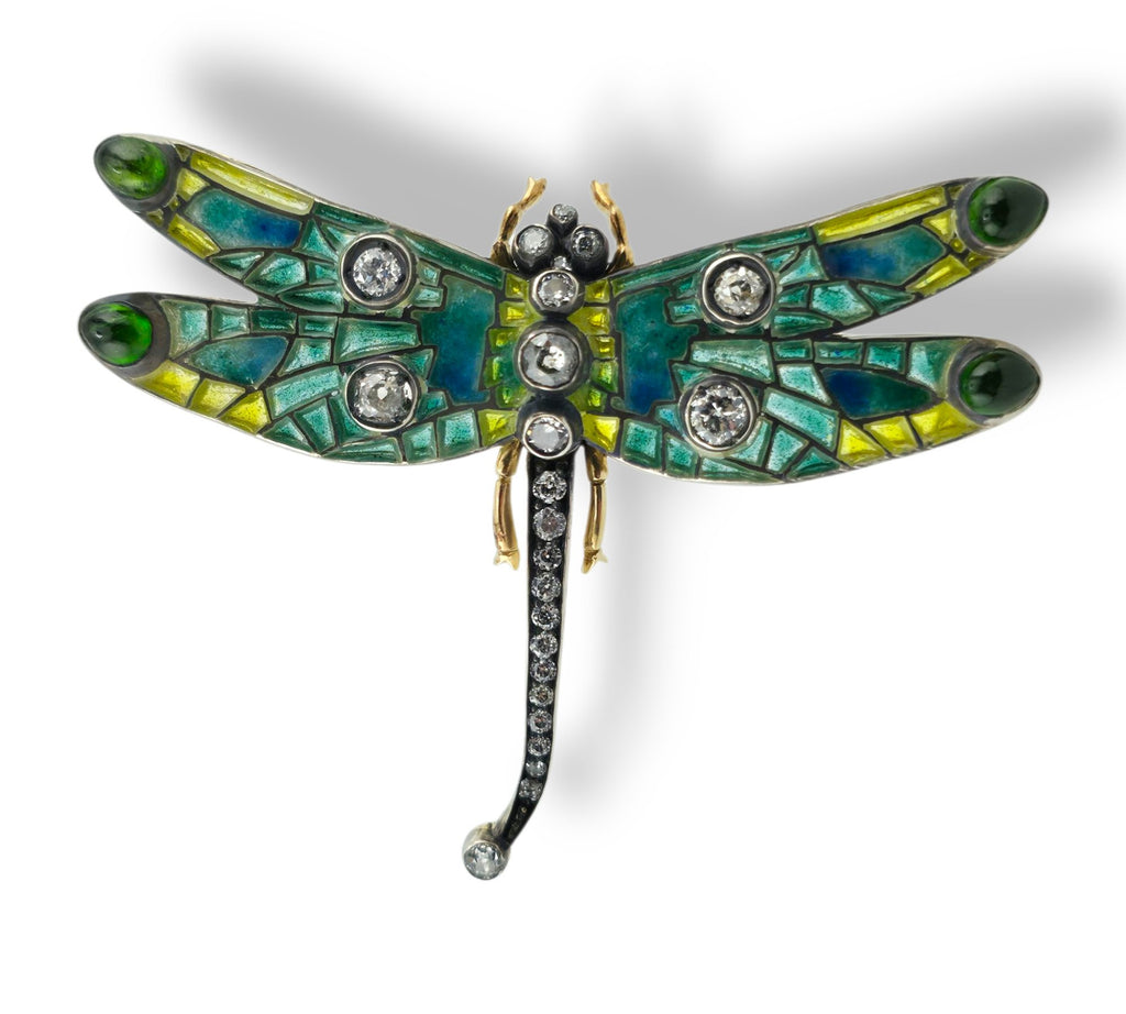 Imperial Russian Period 56K Gold Enamel and 1.5ct Diamond Dragonfly Brooch Circa 1900