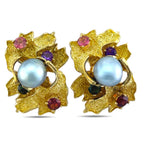 18K Yellow Gold Multi-Gemstone and Pearl Earrings