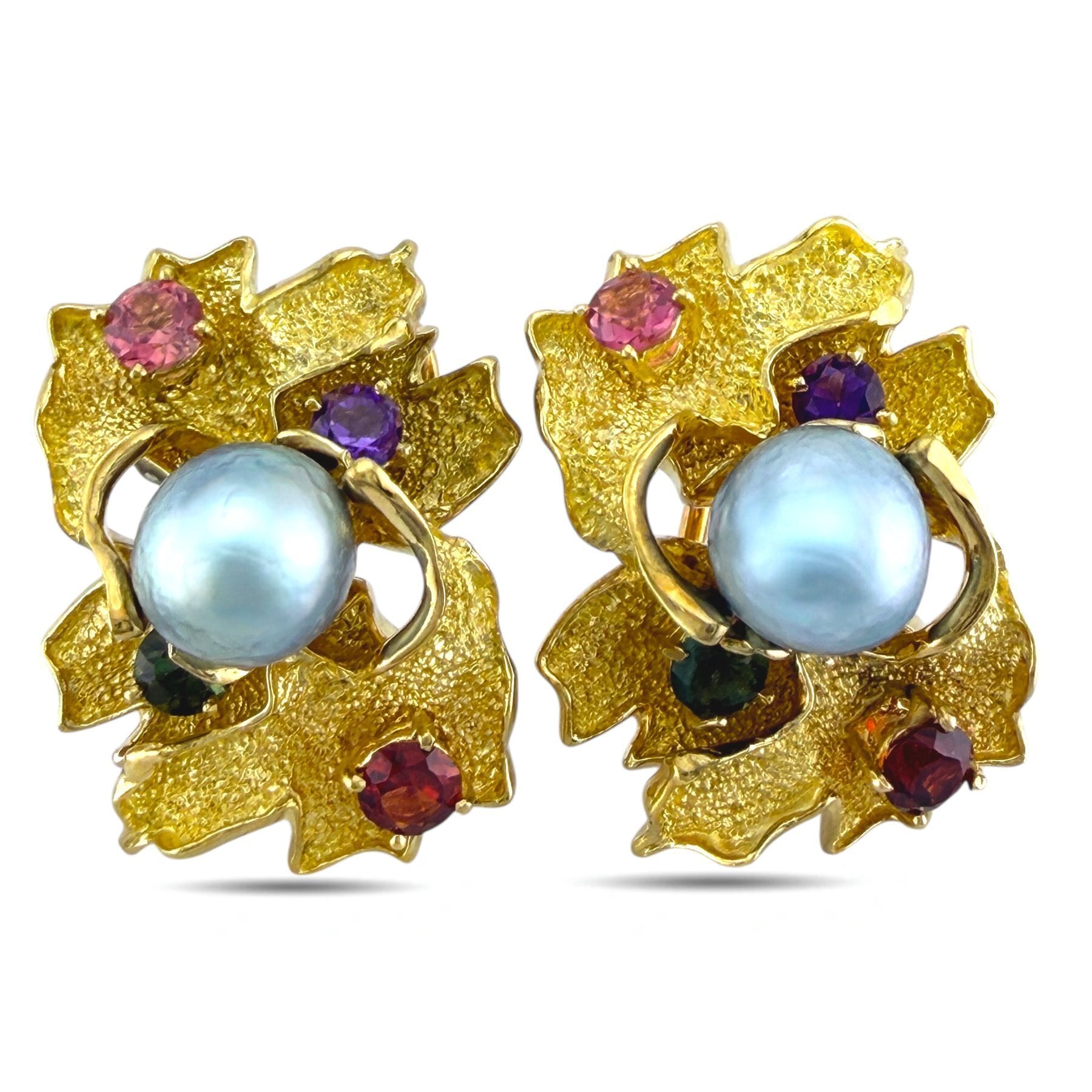 18K Yellow Gold Multi-Gemstone and Pearl Earrings