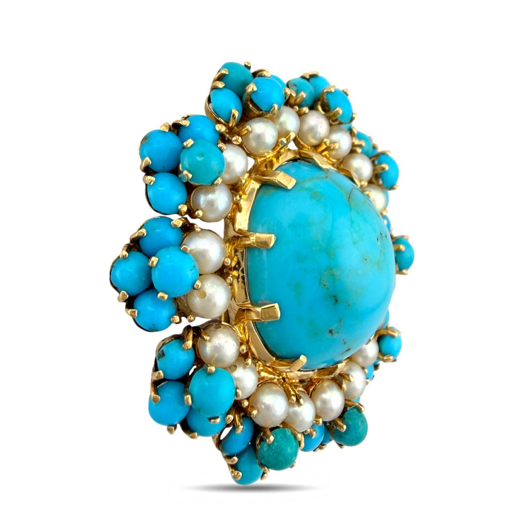 14K Yellow Gold French Turquoise and Pearl Pendant Brooch
