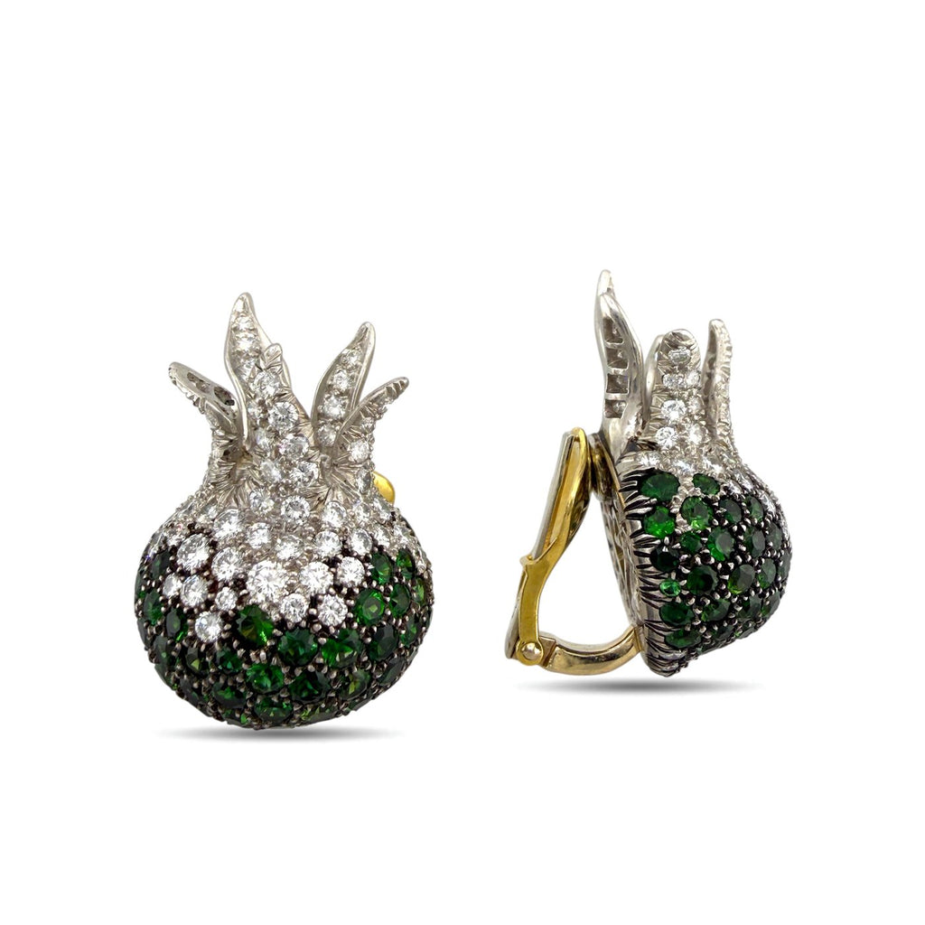 N. Varney 18K Yellow Gold Diamond and Emerald Pomegranate Clip On Earrings