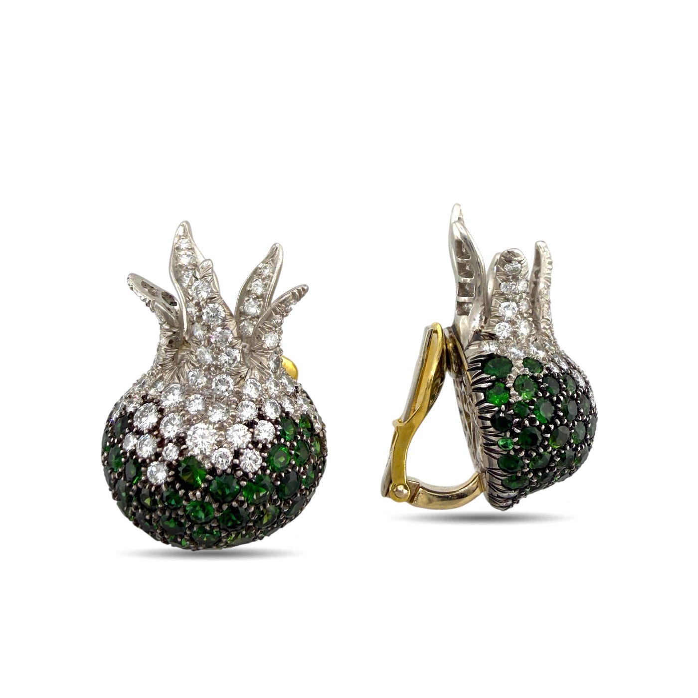 N. Varney 18K Yellow Gold Diamond and Emerald Pomegranate Clip On Earrings