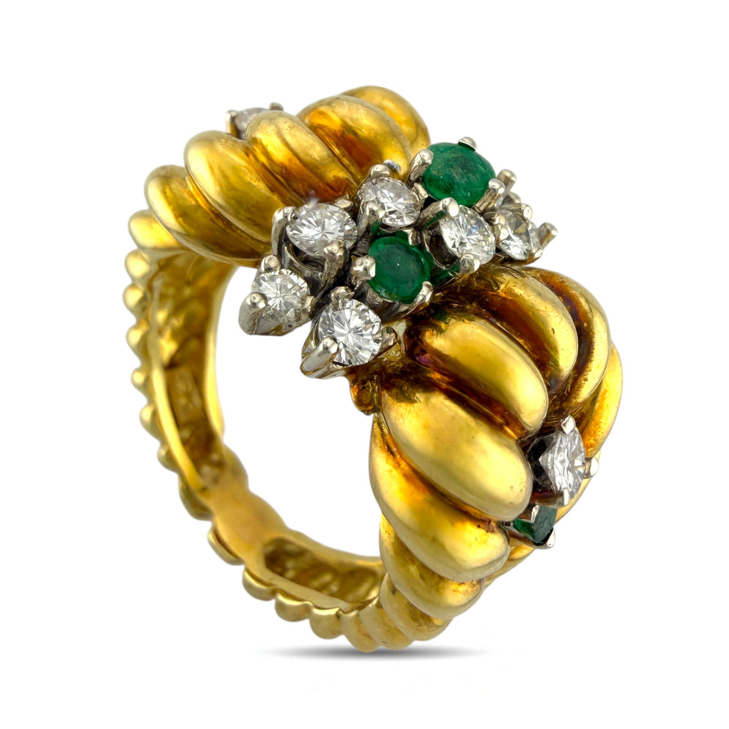 18K Yellow Gold 0.48ct Diamond and Emerald Cocktail Ring