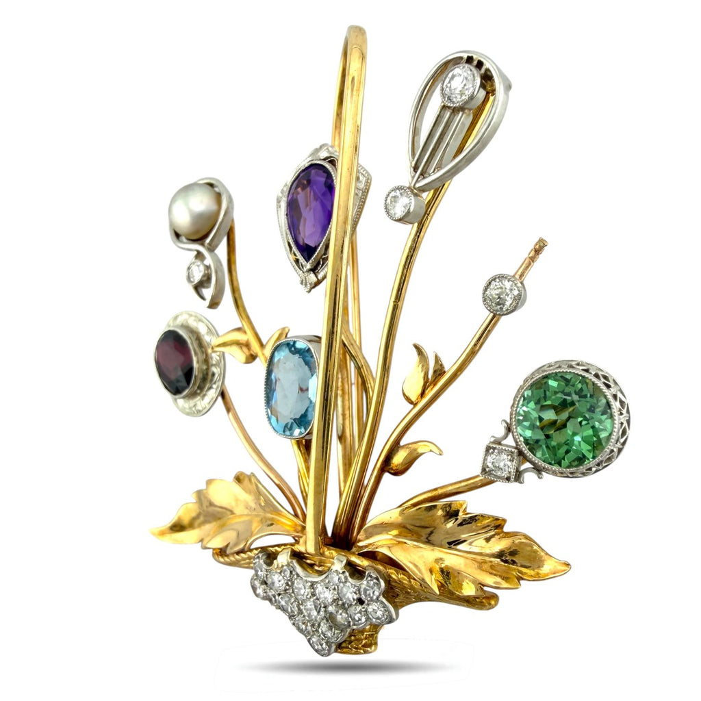 14K Yellow Gold Multi Gemstone and 1ct Diamond Basket Flower Brooch