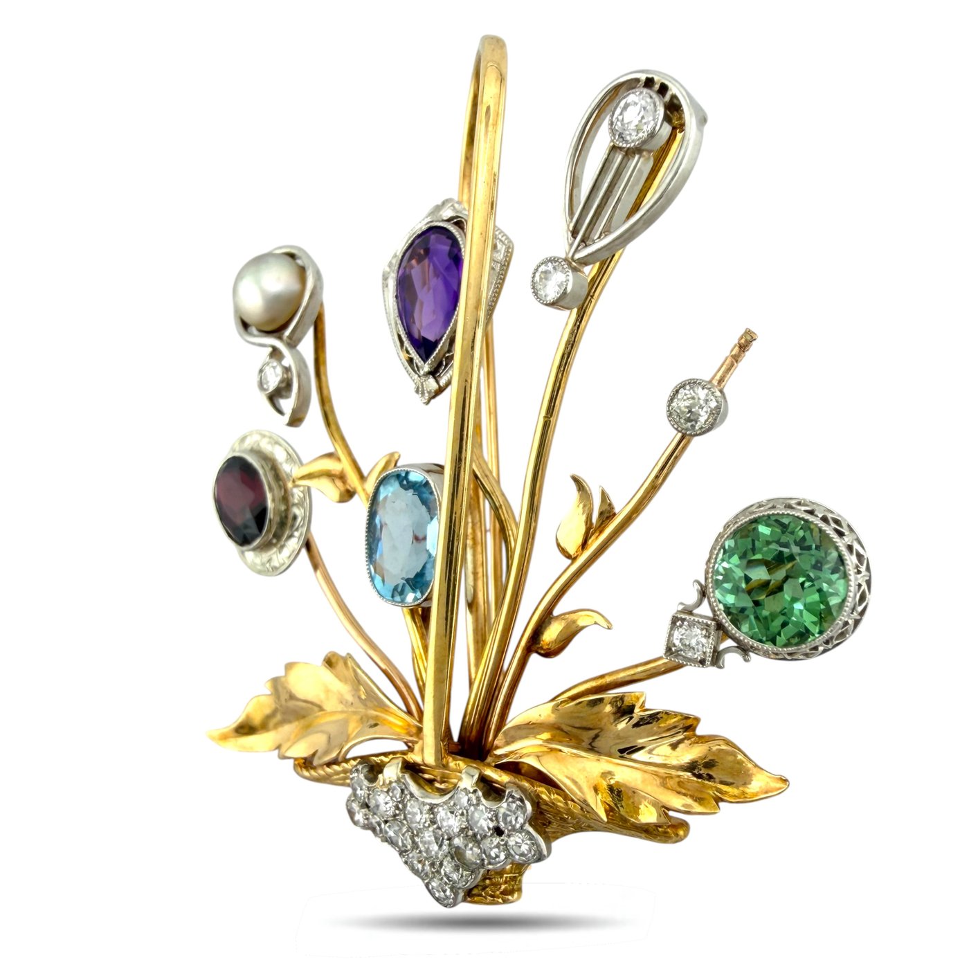 14K Yellow Gold Multi Gemstone and 1ct Diamond Basket Flower Brooch