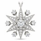 18K white gold star pendant with round diamond center and clustered side accents