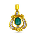 18k yellow gold pendant with oval green emerald center and diamond halo