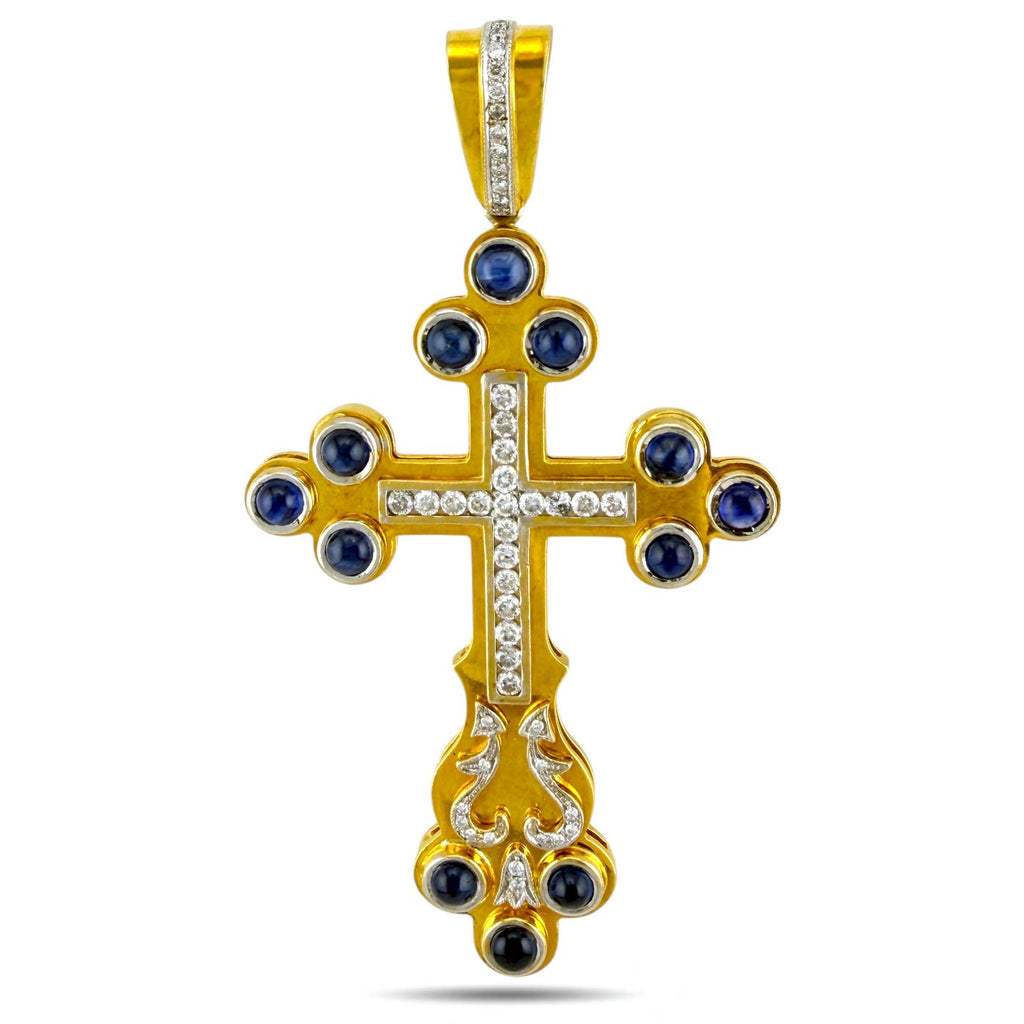 Gold cross pendant with blue sapphire round stones and diamond halo accents