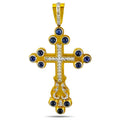 Gold cross pendant with blue sapphire round stones and diamond halo accents