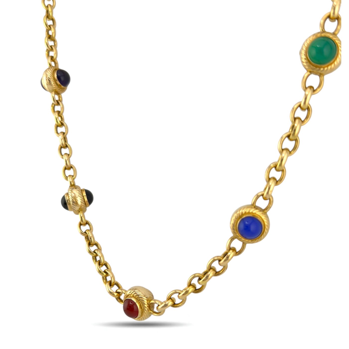 Italian 14K Yellow Gold Multi Gemstone Cabochon Round Necklace