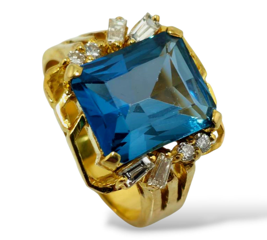 14K Yellow Gold Emerald Cut Blue Topaz with 0.44ct Halo Diamond Cocktail Ring
