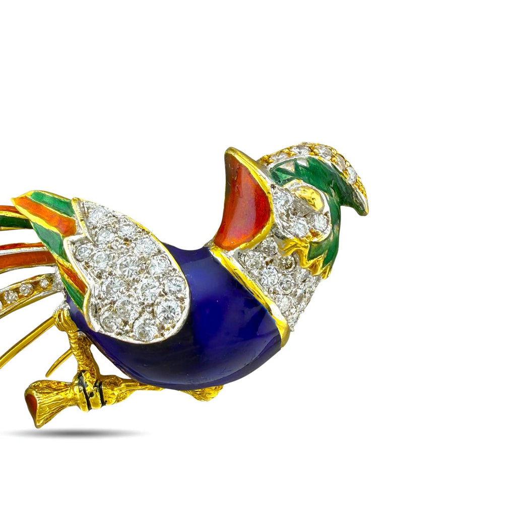 18K Yellow Gold 2.00ct Diamond and Enamel Parrot Brooch