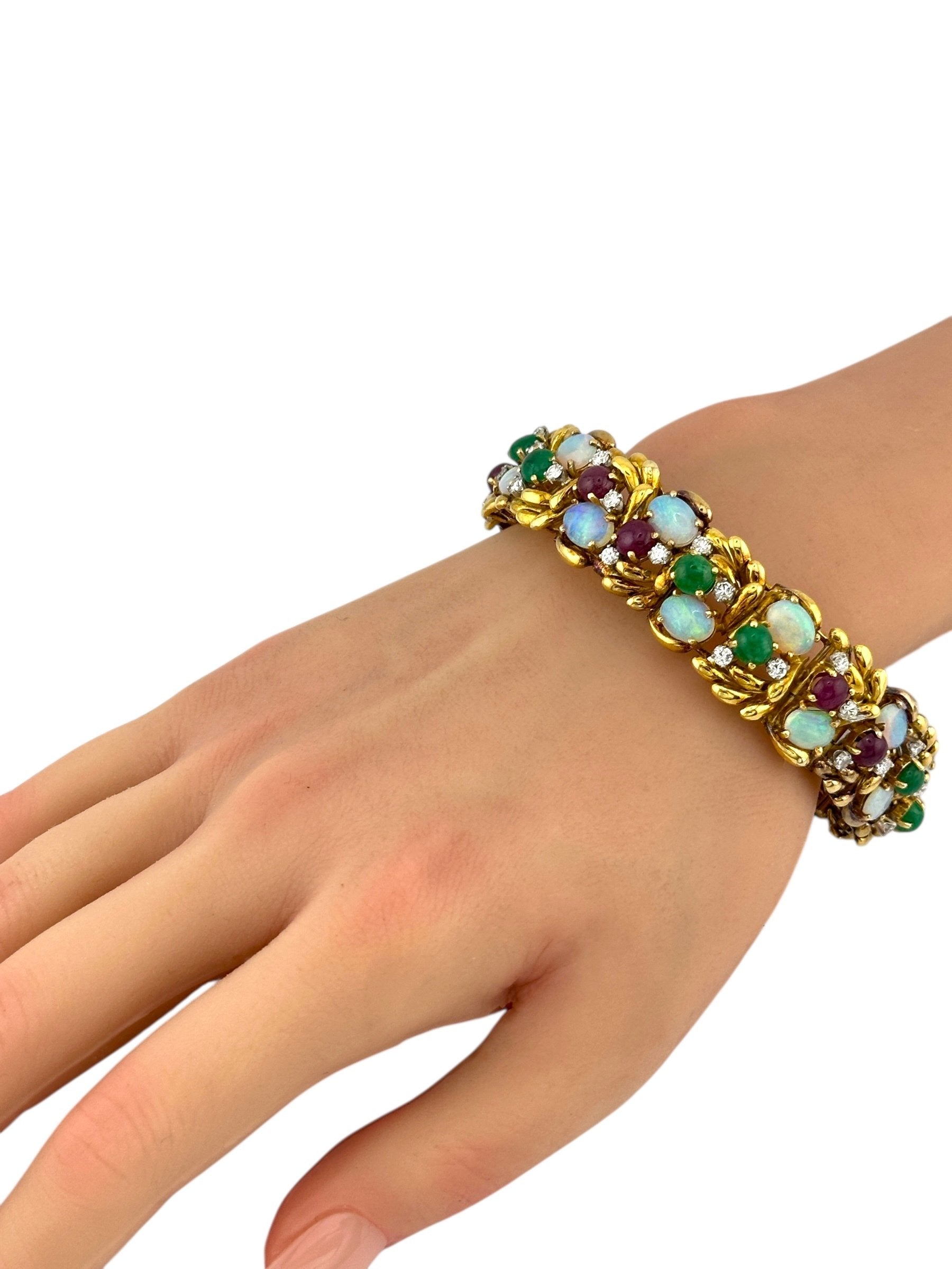 18K Yellow Gold Bracelet 2.3ct Diamonds, Gemstones and Opals