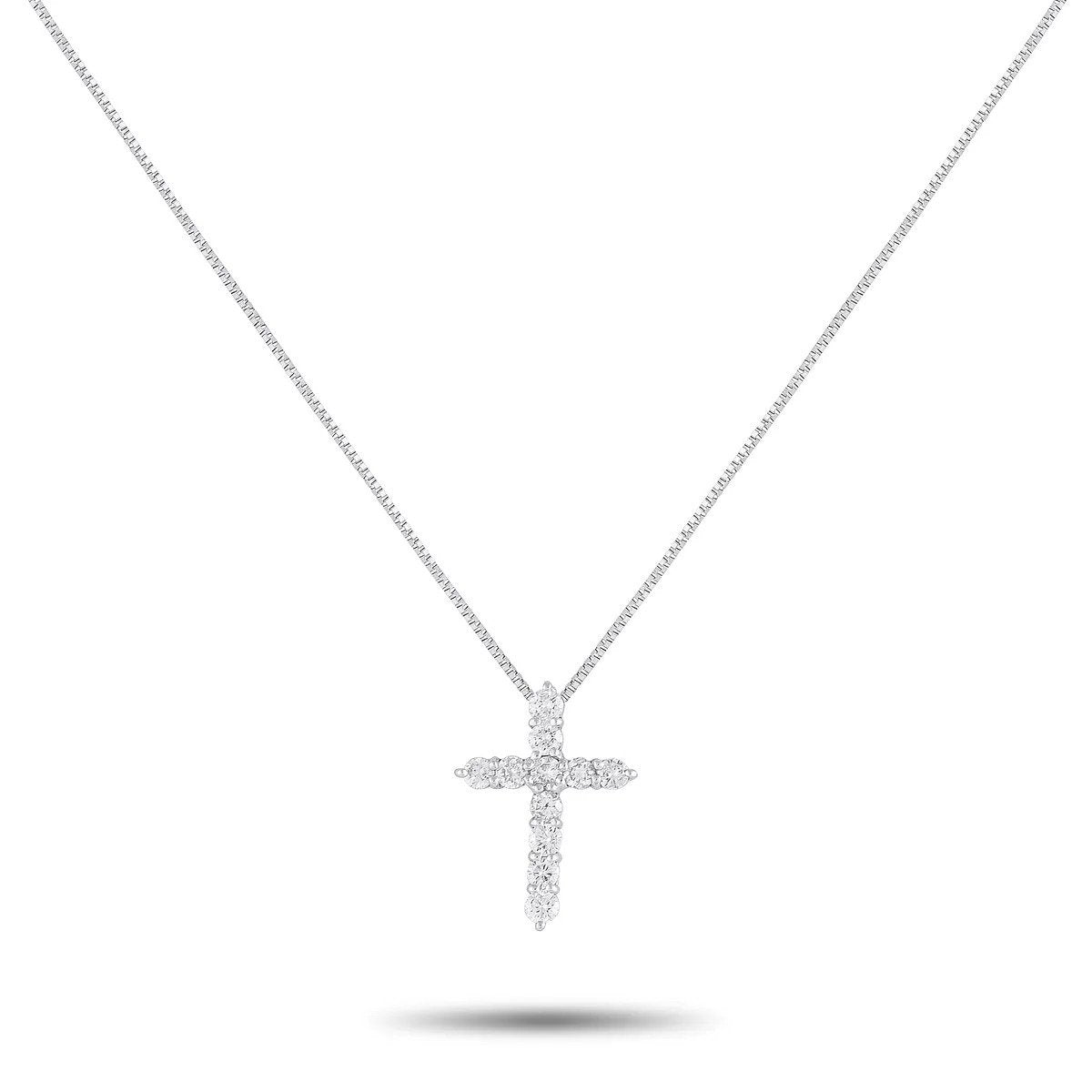 Platinum diamond cross pendant necklace with thin chain