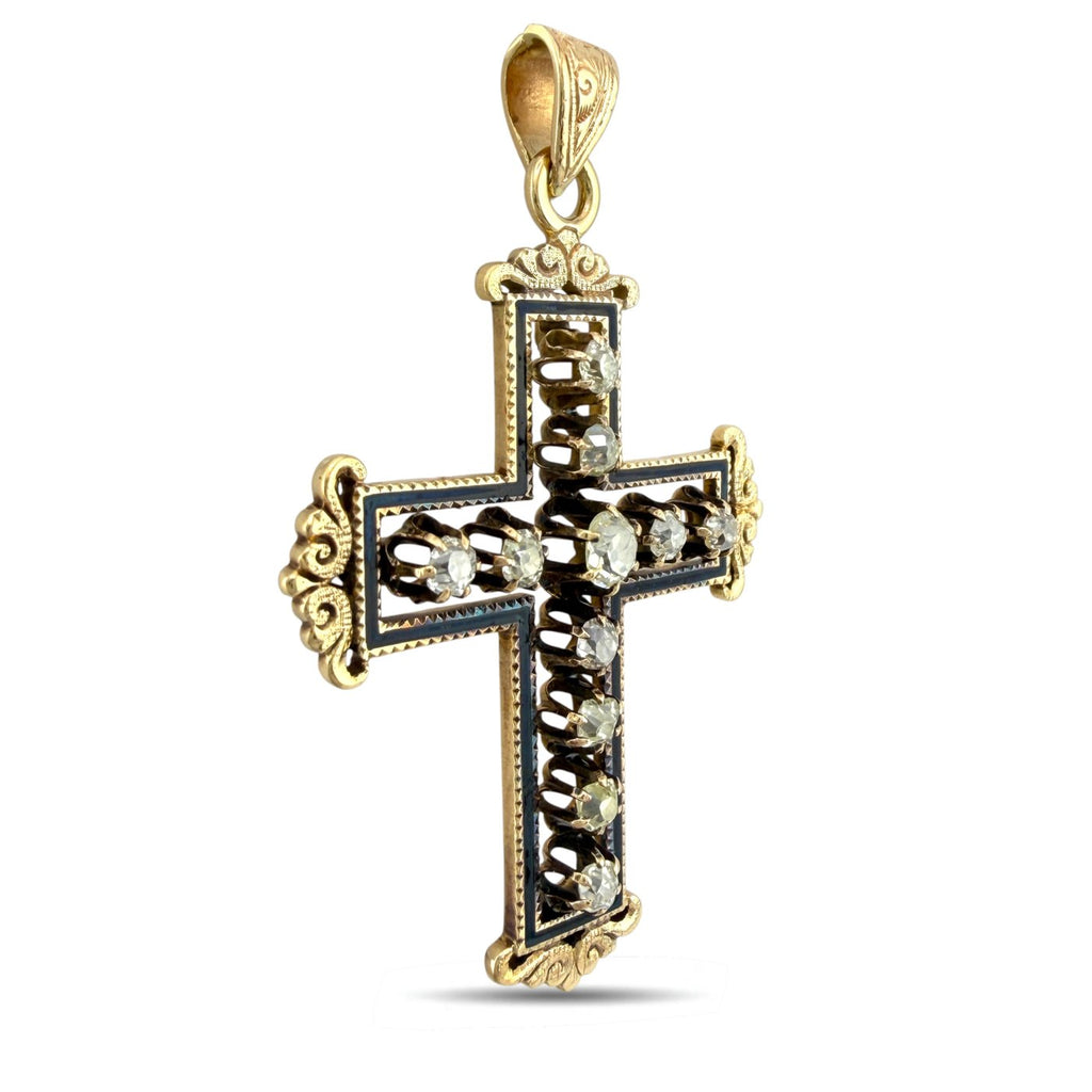 14K Yellow Gold Antique 1ct Diamond Cross Pendant
