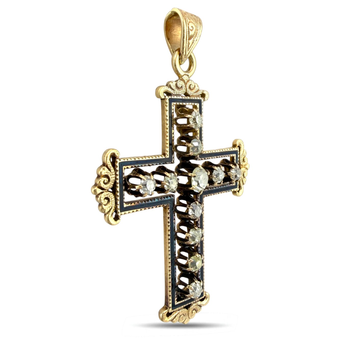 14K Yellow Gold Antique 1ct Diamond Cross Pendant