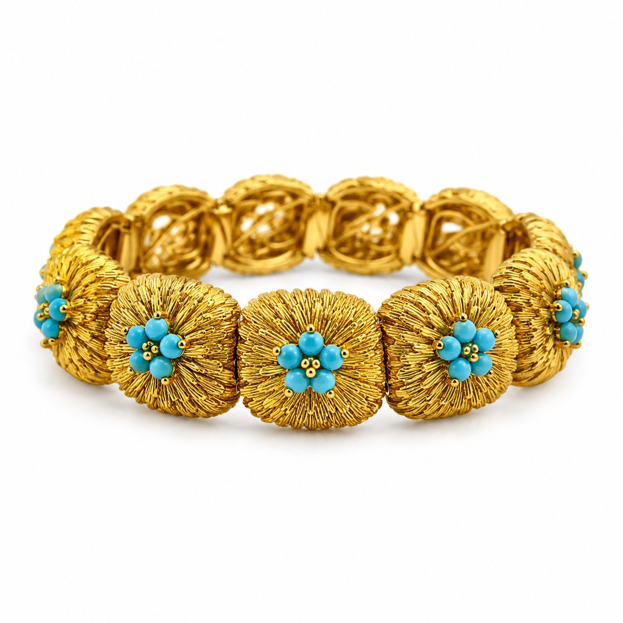 18K yellow gold turquoise bead bracelet front view, textured links with blue floral beads