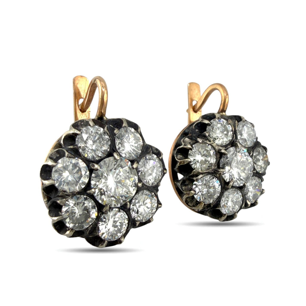 K. Faberge rose gold diamond cluster earrings, rounded halo with black accents