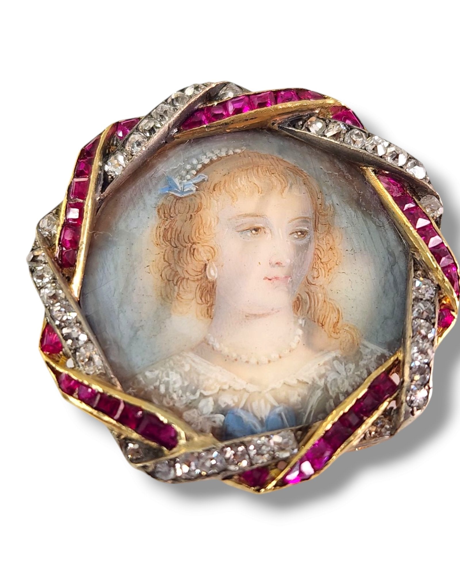 Brooch - 18 kt. 18K Yellow Gold Brooch with Diamonds & Rubies, Yellow gold