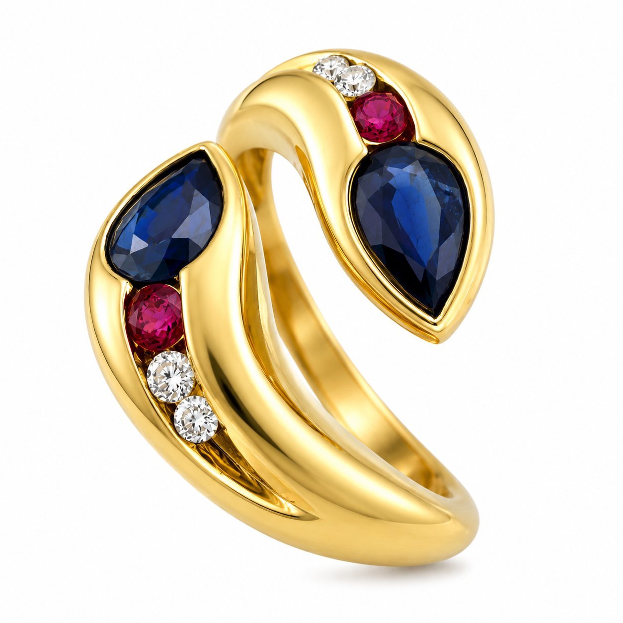 18K Yellow Gold 1.30ct Sapphire Ruby and Diamond Bypass Ring