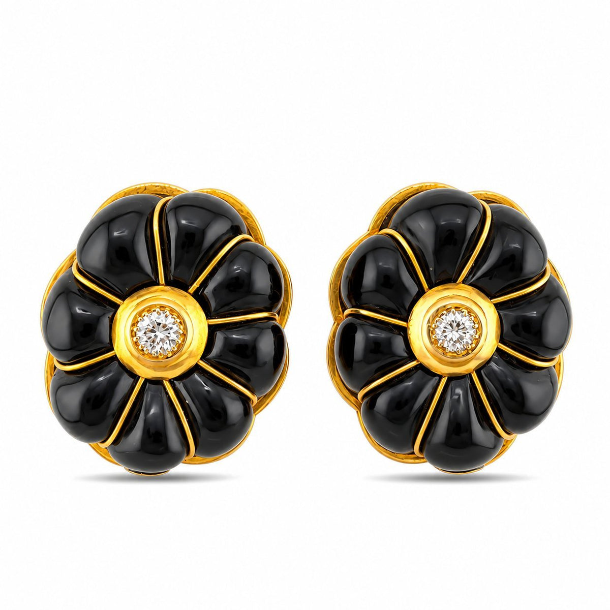 Pair of black onyx flower earrings with gold accents and diamond centers, front view