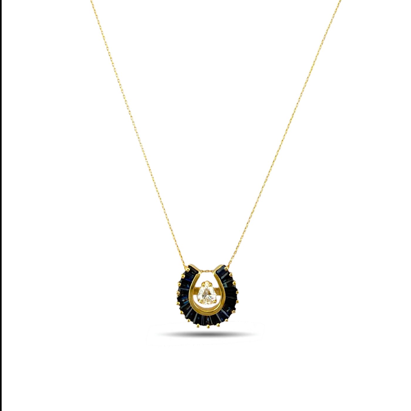 14K Yellow Gold Sapphire and 0.3ct Diamond Shoehorn Pendant Necklace