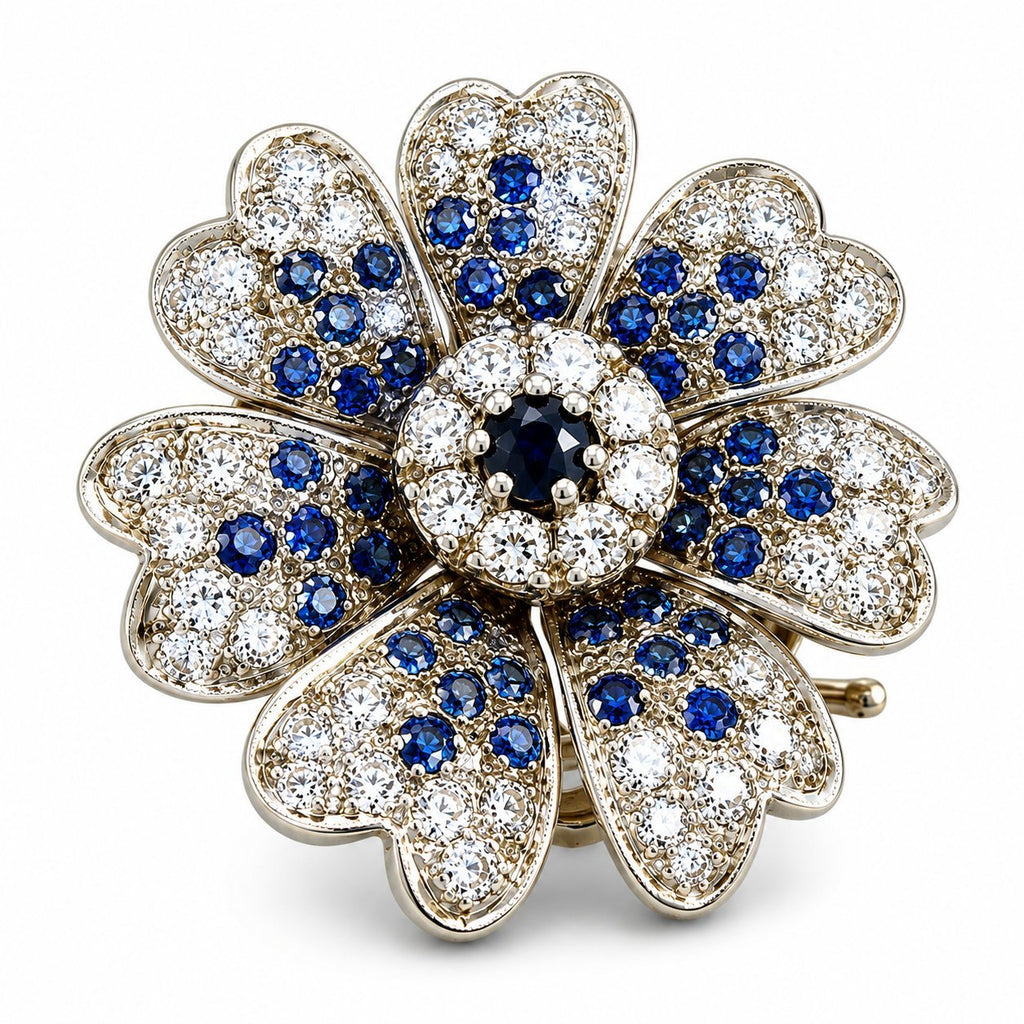 14K White Gold 1.60ct Diamond and 1.15ct Sapphire Flower Brooch