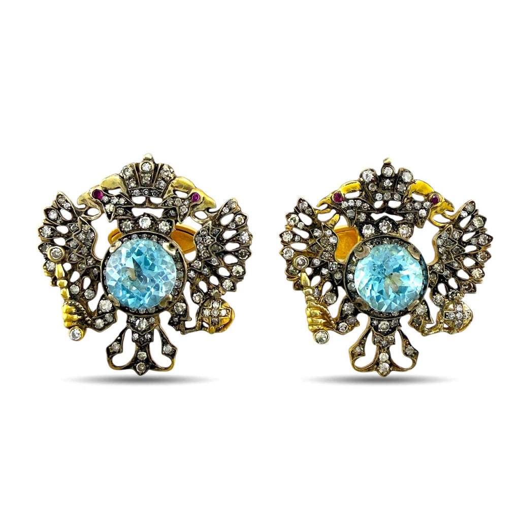 Imperial Russian Faberge 56K Yellow Gold Topaz and Diamond Coat of Arms Cufflinks Topaz