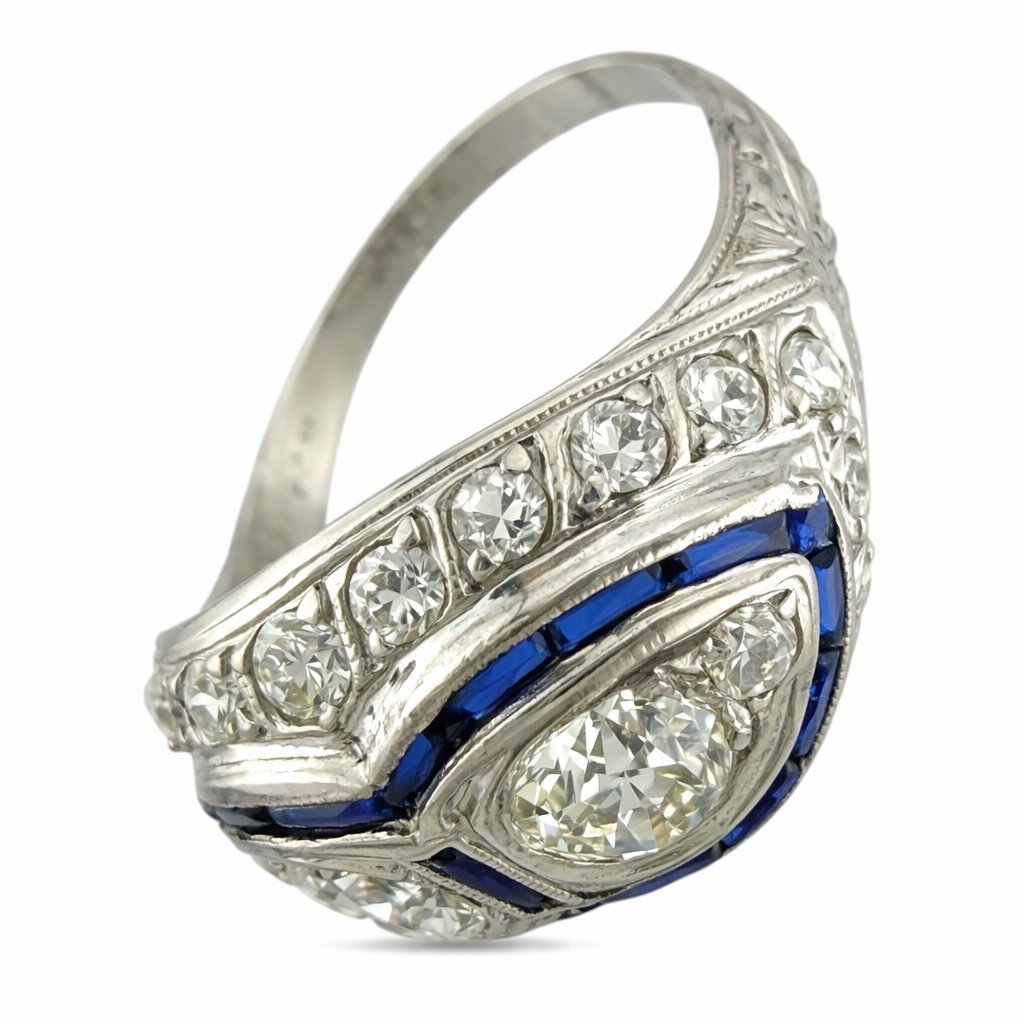 Platinum Art Deco Ring with 1.6ct of Diamonds and Sapphires