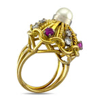 14K Yellow Gold Pearl, Ruby and Diamond Statement Dome Ring