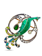 Imperial Russian Period Gold Enamel and Diamond Peacock Brooch Pre-1917