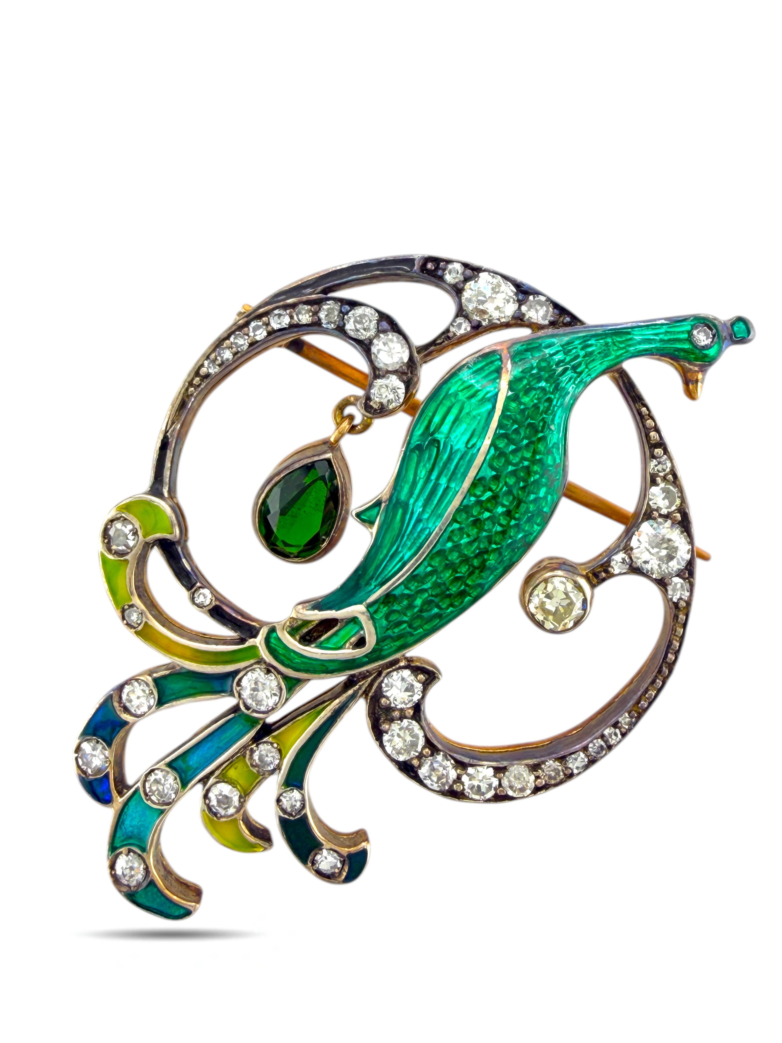 Imperial Russian Period Gold Enamel and Diamond Peacock Brooch Pre-1917