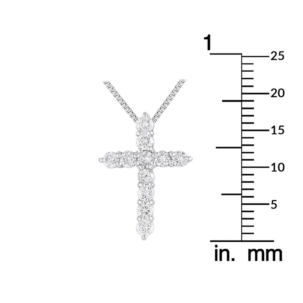 Platinum diamond cross pendant necklace with chain and size scale