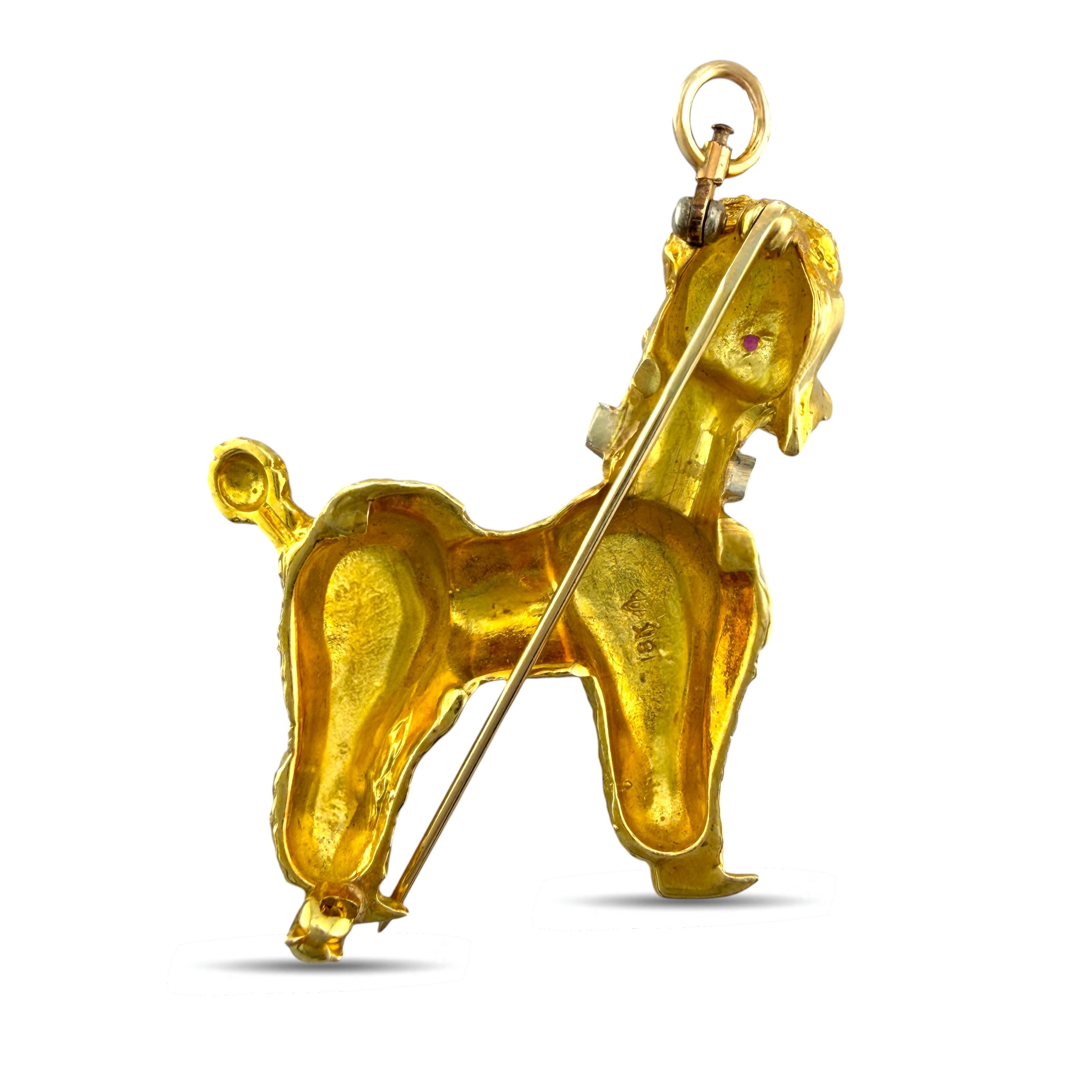 French Poodle Brooch 18K Yellow Gold Diamond Collar and Ruby Eyes