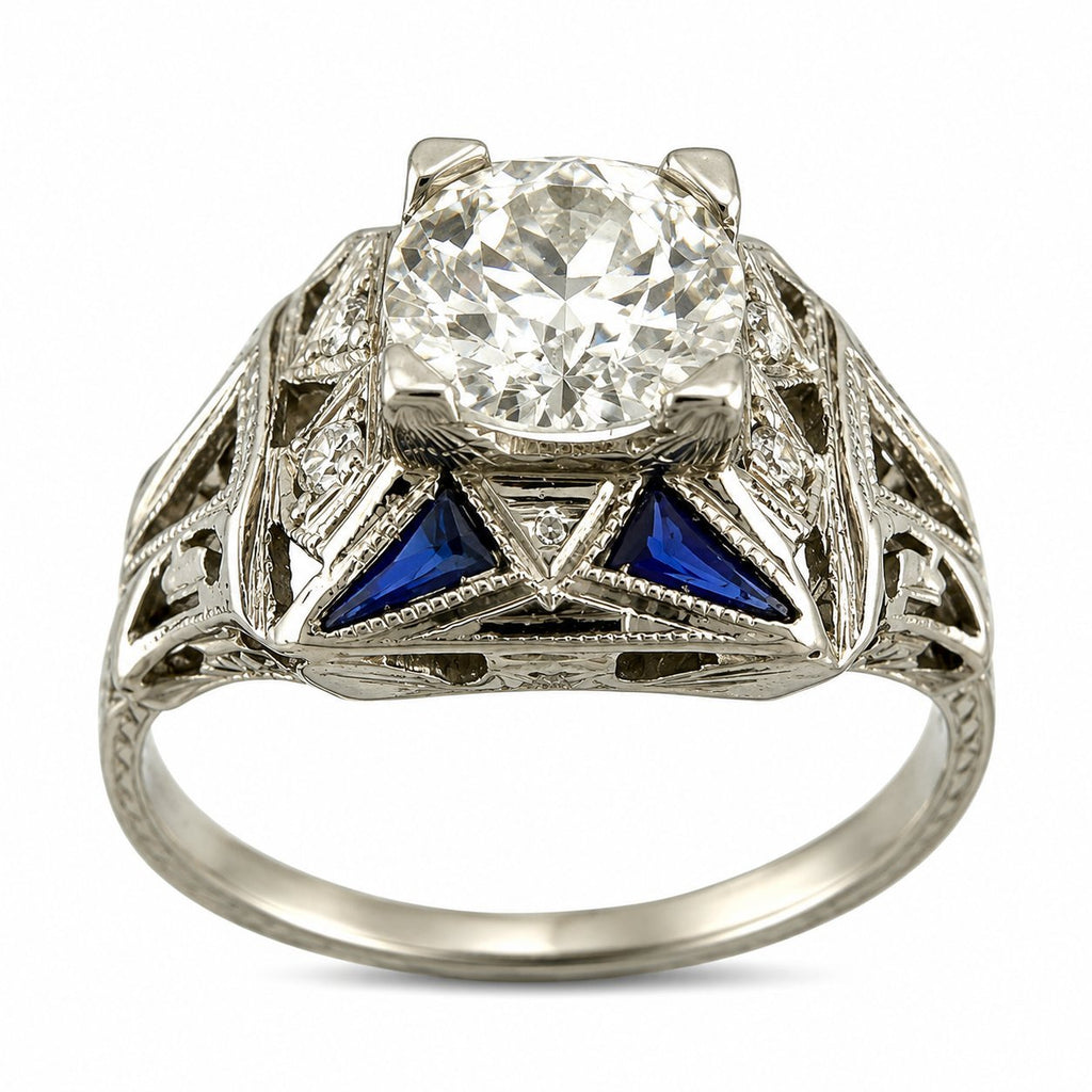 Platinum 1.12ct Diamond and Sapphire Art Deco Ring