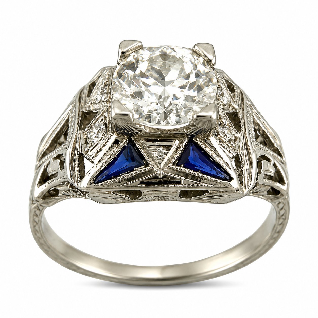 Platinum 1.12ct Diamond and Sapphire Art Deco Ring