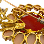 18K Yellow Gold Coral and 6.45ct Diamond Brooch and Earring Set
